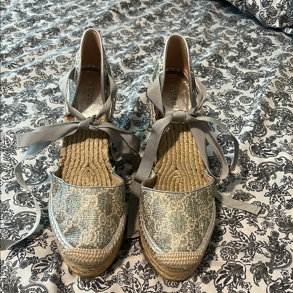 Gucci Silver Espadrille Shoes with Knitted Ankle Detail (Brand New)